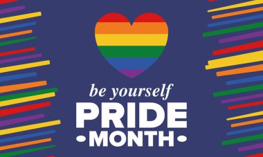 Haziran ayında LGBT Gurur Ayı. Lezbiyen Gey Biseksüel Transseksüel. Yıllık kutlama. LGBT bayrağı. Gökkuşağı aşk konsepti. İnsan hakları ve hoşgörü. Poster, kart, afiş ve geçmiş. Vektör illüstrasyonu