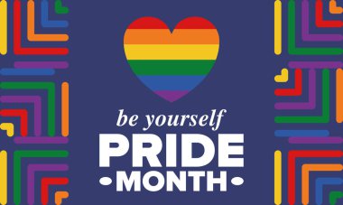 Haziran ayında LGBT Gurur Ayı. Lezbiyen Gey Biseksüel Transseksüel. Yıllık kutlama. LGBT bayrağı. Gökkuşağı aşk konsepti. İnsan hakları ve hoşgörü. Poster, kart, afiş ve geçmiş. Vektör illüstrasyonu