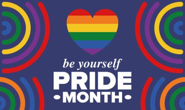 Haziran ayında LGBT Gurur Ayı. Lezbiyen Gey Biseksüel Transseksüel. Yıllık kutlama. LGBT bayrağı. Gökkuşağı aşk konsepti. İnsan hakları ve hoşgörü. Poster, kart, afiş ve geçmiş. Vektör illüstrasyonu