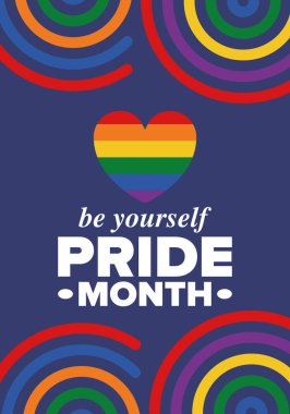 Haziran ayında LGBT Gurur Ayı. Lezbiyen Gey Biseksüel Transseksüel. Yıllık kutlama. LGBT bayrağı. Gökkuşağı aşk konsepti. İnsan hakları ve hoşgörü. Poster, kart, afiş ve geçmiş. Vektör illüstrasyonu