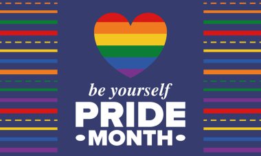 Haziran ayında LGBT Gurur Ayı. Lezbiyen Gey Biseksüel Transseksüel. Yıllık kutlama. LGBT bayrağı. Gökkuşağı aşk konsepti. İnsan hakları ve hoşgörü. Poster, kart, afiş ve geçmiş. Vektör illüstrasyonu