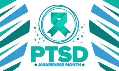 Haziran 'da TSSB Farkındalık Ayı. Travma Sonrası Stres Bozukluğu. Amerika 'da yıllık kutlama. Tıbbi sağlık ve farkındalık tasarımı. Poster, kart, afiş ve geçmiş. Vektör illüstrasyonu