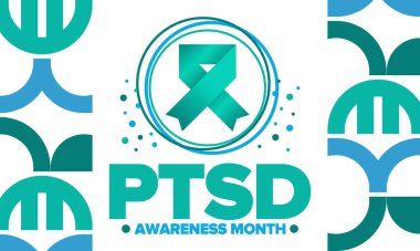 Haziran 'da TSSB Farkındalık Ayı. Travma Sonrası Stres Bozukluğu. Amerika 'da yıllık kutlama. Tıbbi sağlık ve farkındalık tasarımı. Poster, kart, afiş ve geçmiş. Vektör illüstrasyonu