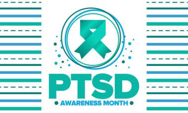 Haziran 'da TSSB Farkındalık Ayı. Travma Sonrası Stres Bozukluğu. Amerika 'da yıllık kutlama. Tıbbi sağlık ve farkındalık tasarımı. Poster, kart, afiş ve geçmiş. Vektör illüstrasyonu