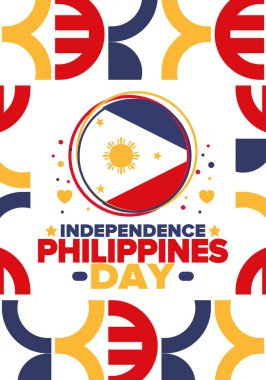 Filipinler Bağımsızlık Günü. Filipinler 'de her yıl 12 Haziran' da kutlanır. Ulusal özgürlük bayramın kutlu olsun. Filipinler bayrağı. Güneydoğu Asya ülkesi. Vatansever tasarım. Vektör posteri
