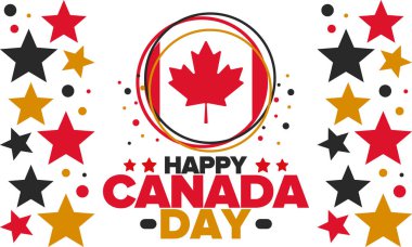 Kanada günün kutlu olsun. Ulusal bayram, her yıl 1 Temmuz 'da kutlanır. Kanada bayrağı. Akçaağaç yaprağı. Vatanseverlik sembolü ve unsurları. Poster, kart, afiş ve geçmiş. Vektör illüstrasyonu