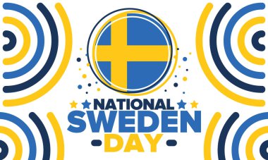 İsveç Ulusal Günü. İsveç 'te her yıl 6 Haziran' da kutlanır. Ulusal özgürlük bayramın kutlu olsun. İsveç bayrağı. Kuzey İskandinav ülkesi. Vatansever poster tasarımı. Vektör illüstrasyonu
