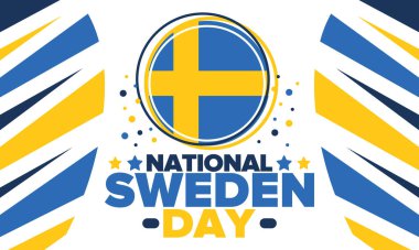 İsveç Ulusal Günü. İsveç 'te her yıl 6 Haziran' da kutlanır. Ulusal özgürlük bayramın kutlu olsun. İsveç bayrağı. Kuzey İskandinav ülkesi. Vatansever poster tasarımı. Vektör illüstrasyonu
