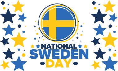 İsveç Ulusal Günü. İsveç 'te her yıl 6 Haziran' da kutlanır. Ulusal özgürlük bayramın kutlu olsun. İsveç bayrağı. Kuzey İskandinav ülkesi. Vatansever poster tasarımı. Vektör illüstrasyonu