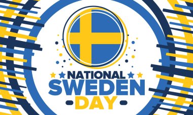 İsveç Ulusal Günü. İsveç 'te her yıl 6 Haziran' da kutlanır. Ulusal özgürlük bayramın kutlu olsun. İsveç bayrağı. Kuzey İskandinav ülkesi. Vatansever poster tasarımı. Vektör illüstrasyonu