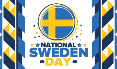 İsveç Ulusal Günü. İsveç 'te her yıl 6 Haziran' da kutlanır. Ulusal özgürlük bayramın kutlu olsun. İsveç bayrağı. Kuzey İskandinav ülkesi. Vatansever poster tasarımı. Vektör illüstrasyonu