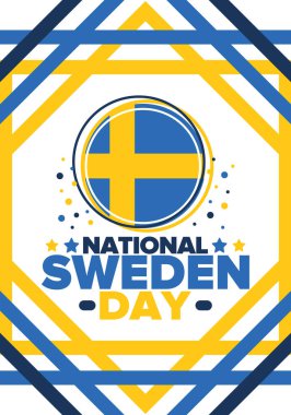İsveç Ulusal Günü. İsveç 'te her yıl 6 Haziran' da kutlanır. Ulusal özgürlük bayramın kutlu olsun. İsveç bayrağı. Kuzey İskandinav ülkesi. Vatansever poster tasarımı. Vektör illüstrasyonu