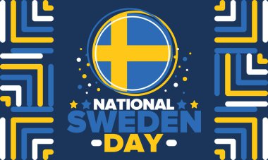 İsveç Ulusal Günü. İsveç 'te her yıl 6 Haziran' da kutlanır. Ulusal özgürlük bayramın kutlu olsun. İsveç bayrağı. Kuzey İskandinav ülkesi. Vatansever poster tasarımı. Vektör illüstrasyonu