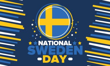 İsveç Ulusal Günü. İsveç 'te her yıl 6 Haziran' da kutlanır. Ulusal özgürlük bayramın kutlu olsun. İsveç bayrağı. Kuzey İskandinav ülkesi. Vatansever poster tasarımı. Vektör illüstrasyonu