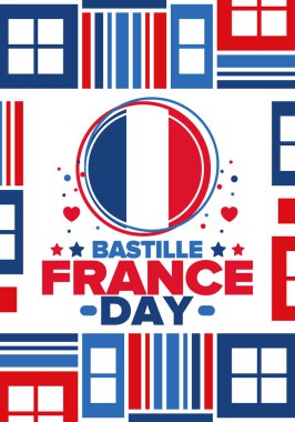 Fransa 'da Bastille Günü. Ulusal mutlu bayramlar, her yıl 14 Temmuz 'da kutlanıyor. Fransız bayrağı. Fransa bağımsızlık ve özgürlük. Vatansever unsurlar. Şenlik tasarımı. Vektör poster illüstrasyonu