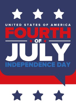 Amerika Birleşik Devletleri 'nde Bağımsızlık Günü. 4 Temmuz 'da. Ulusal bayramın kutlu olsun, 4 Temmuz 'da kutlandı. Amerikan bayrağı. Ülke özgürlüğü günü. Vatansever olay tasarımı. Vektör posteri