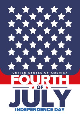 Amerika Birleşik Devletleri 'nde Bağımsızlık Günü. 4 Temmuz 'da. Ulusal bayramın kutlu olsun, 4 Temmuz 'da kutlandı. Amerikan bayrağı. Ülke özgürlüğü günü. Vatansever olay tasarımı. Vektör posteri