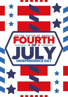 Amerika Birleşik Devletleri 'nde Bağımsızlık Günü. 4 Temmuz 'da. Ulusal bayramın kutlu olsun, 4 Temmuz 'da kutlandı. Amerikan bayrağı. Ülke özgürlüğü günü. Vatansever olay tasarımı. Vektör posteri