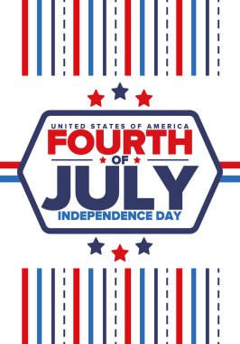 Amerika Birleşik Devletleri 'nde Bağımsızlık Günü. 4 Temmuz 'da. Ulusal bayramın kutlu olsun, 4 Temmuz 'da kutlandı. Amerikan bayrağı. Ülke özgürlüğü günü. Vatansever olay tasarımı. Vektör posteri