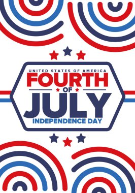 Amerika Birleşik Devletleri 'nde Bağımsızlık Günü. 4 Temmuz 'da. Ulusal bayramın kutlu olsun, 4 Temmuz 'da kutlandı. Amerikan bayrağı. Ülke özgürlüğü günü. Vatansever olay tasarımı. Vektör posteri