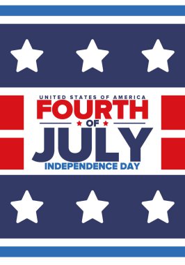 Amerika Birleşik Devletleri 'nde Bağımsızlık Günü. 4 Temmuz 'da. Ulusal bayramın kutlu olsun, 4 Temmuz 'da kutlandı. Amerikan bayrağı. Ülke özgürlüğü günü. Vatansever olay tasarımı. Vektör posteri