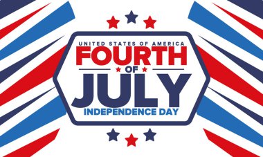 Amerika Birleşik Devletleri 'nde Bağımsızlık Günü. 4 Temmuz 'da. Ulusal bayramın kutlu olsun, 4 Temmuz 'da kutlandı. Amerikan bayrağı. Ülke özgürlüğü günü. Vatansever olay tasarımı. Vektör posteri