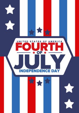 Amerika Birleşik Devletleri 'nde Bağımsızlık Günü. 4 Temmuz 'da. Ulusal bayramın kutlu olsun, 4 Temmuz 'da kutlandı. Amerikan bayrağı. Ülke özgürlüğü günü. Vatansever olay tasarımı. Vektör posteri