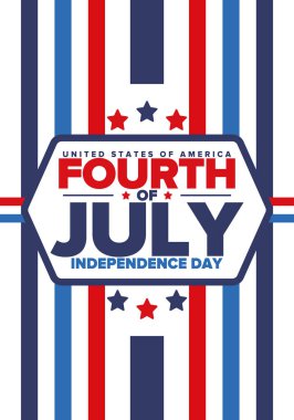 Amerika Birleşik Devletleri 'nde Bağımsızlık Günü. 4 Temmuz 'da. Ulusal bayramın kutlu olsun, 4 Temmuz 'da kutlandı. Amerikan bayrağı. Ülke özgürlüğü günü. Vatansever olay tasarımı. Vektör posteri