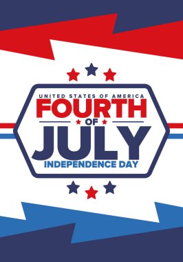 Amerika Birleşik Devletleri 'nde Bağımsızlık Günü. 4 Temmuz 'da. Ulusal bayramın kutlu olsun, 4 Temmuz 'da kutlandı. Amerikan bayrağı. Ülke özgürlüğü günü. Vatansever olay tasarımı. Vektör posteri