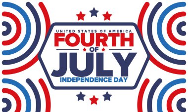 Amerika Birleşik Devletleri 'nde Bağımsızlık Günü. 4 Temmuz 'da. Ulusal bayramın kutlu olsun, 4 Temmuz 'da kutlandı. Amerikan bayrağı. Ülke özgürlüğü günü. Vatansever olay tasarımı. Vektör posteri