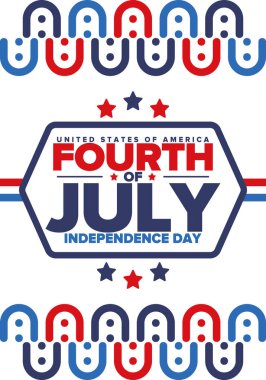 Amerika Birleşik Devletleri 'nde Bağımsızlık Günü. 4 Temmuz 'da. Ulusal bayramın kutlu olsun, 4 Temmuz 'da kutlandı. Amerikan bayrağı. Ülke özgürlüğü günü. Vatansever olay tasarımı. Vektör posteri