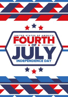 Amerika Birleşik Devletleri 'nde Bağımsızlık Günü. 4 Temmuz 'da. Ulusal bayramın kutlu olsun, 4 Temmuz 'da kutlandı. Amerikan bayrağı. Ülke özgürlüğü günü. Vatansever olay tasarımı. Vektör posteri