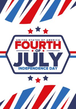 Amerika Birleşik Devletleri 'nde Bağımsızlık Günü. 4 Temmuz 'da. Ulusal bayramın kutlu olsun, 4 Temmuz 'da kutlandı. Amerikan bayrağı. Ülke özgürlüğü günü. Vatansever olay tasarımı. Vektör posteri