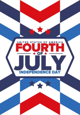 Amerika Birleşik Devletleri 'nde Bağımsızlık Günü. 4 Temmuz 'da. Ulusal bayramın kutlu olsun, 4 Temmuz 'da kutlandı. Amerikan bayrağı. Ülke özgürlüğü günü. Vatansever olay tasarımı. Vektör posteri
