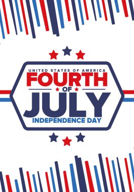 Amerika Birleşik Devletleri 'nde Bağımsızlık Günü. 4 Temmuz 'da. Ulusal bayramın kutlu olsun, 4 Temmuz 'da kutlandı. Amerikan bayrağı. Ülke özgürlüğü günü. Vatansever olay tasarımı. Vektör posteri