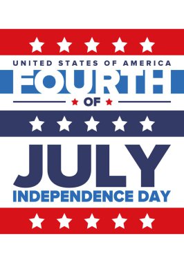Amerika Birleşik Devletleri 'nde Bağımsızlık Günü. 4 Temmuz 'da. Ulusal bayramın kutlu olsun, 4 Temmuz 'da kutlandı. Amerikan bayrağı. Ülke özgürlüğü günü. Vatansever olay tasarımı. Vektör posteri