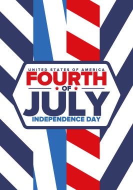 Amerika Birleşik Devletleri 'nde Bağımsızlık Günü. 4 Temmuz 'da. Ulusal bayramın kutlu olsun, 4 Temmuz 'da kutlandı. Amerikan bayrağı. Ülke özgürlüğü günü. Vatansever olay tasarımı. Vektör posteri