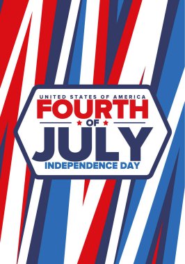 Amerika Birleşik Devletleri 'nde Bağımsızlık Günü. 4 Temmuz 'da. Ulusal bayramın kutlu olsun, 4 Temmuz 'da kutlandı. Amerikan bayrağı. Ülke özgürlüğü günü. Vatansever olay tasarımı. Vektör posteri