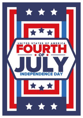 Amerika Birleşik Devletleri 'nde Bağımsızlık Günü. 4 Temmuz 'da. Ulusal bayramın kutlu olsun, 4 Temmuz 'da kutlandı. Amerikan bayrağı. Ülke özgürlüğü günü. Vatansever olay tasarımı. Vektör posteri
