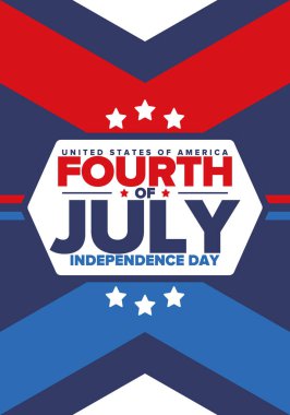 Amerika Birleşik Devletleri 'nde Bağımsızlık Günü. 4 Temmuz 'da. Ulusal bayramın kutlu olsun, 4 Temmuz 'da kutlandı. Amerikan bayrağı. Ülke özgürlüğü günü. Vatansever olay tasarımı. Vektör posteri