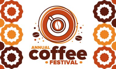 Kahve Festivali. Kahve severler için. Kahve endüstrisindeki profesyoneller için bir etkinlik. Kafeler, restoranlar ve kahve kızartma makineleri. Personel okullarında barmenlik eğitimi. Yaratıcı İllüstrasyon. Vektör