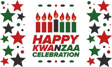 Kwanzaa Mutlu Kutlamalar. Afro-Amerikan kültür bayramı. Yedi gün festival, 26 Aralık 'tan 1 Ocak' a kadar yıllık kutlama. Siyah tarih. Poster, kart, afiş ve geçmiş. Vektör