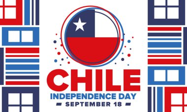Şili Bağımsızlık Günü. Mutlu bayramlar Patrias. Özgürlük günü. Yıllığı 18 Eylül 'de kutlayın. Şili bayrağı. Vatansever Şili tasarımı. Poster, kart, afiş, şablon, geçmiş. Vektör