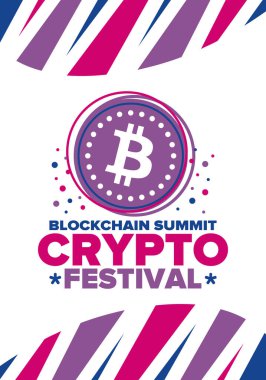 Kripto Festivali. Zirveyi engelle. Dijital para ve akıllı internet teknolojisi. Finans, bankacılık ve iş illüstrasyonları. Kripto para madenciliği. Bitcoin logosu. Düz dizayn. Vektör posteri