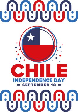Şili Bağımsızlık Günü. Mutlu bayramlar Patrias. Özgürlük günü. Yıllığı 18 Eylül 'de kutlayın. Şili bayrağı. Vatansever Şili tasarımı. Poster, kart, afiş, şablon, geçmiş. Vektör