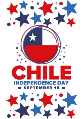Şili Bağımsızlık Günü. Mutlu bayramlar Patrias. Özgürlük günü. Yıllığı 18 Eylül 'de kutlayın. Şili bayrağı. Vatansever Şili tasarımı. Poster, kart, afiş, şablon, geçmiş. Vektör