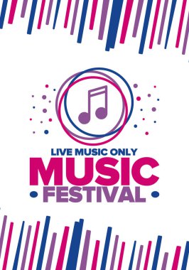 Music Festival. Live music show, musical performance. Summer outdoor concert. Fun event, vacation relaxation. Music bands, many stages and big crowd. Night club party. Vector poster with illustration