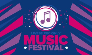 Music Festival. Live music show, musical performance. Summer outdoor concert. Fun event, vacation relaxation. Music bands, many stages and big crowd. Night club party. Vector poster with illustration