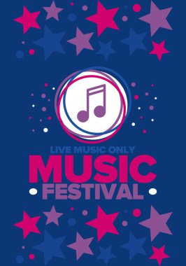 Music Festival. Live music show, musical performance. Summer outdoor concert. Fun event, vacation relaxation. Music bands, many stages and big crowd. Night club party. Vector poster with illustration