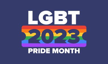Haziran ayında LGBT Gurur Ayı. Lezbiyen Gey Biseksüel Transseksüel. Yıllık kutlama. LGBT bayrağı. Gökkuşağı aşk konsepti. İnsan hakları ve hoşgörü. Poster, kart, afiş ve geçmiş. Vektör ilüstrasyonu